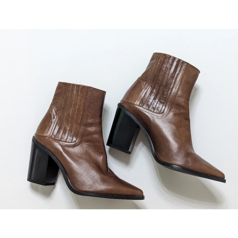 ZARA Brown Leather Ankle Boots Women's Size 6 - Picture 2 of 16